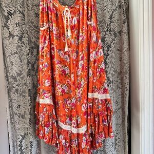 Spell Orange Floral Tiered Maxi Skirt with Lace Trim